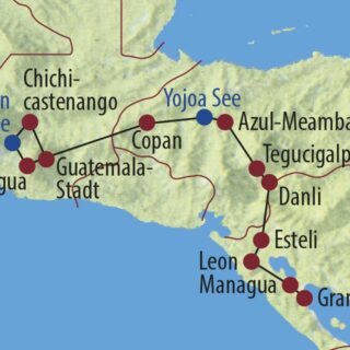 Karte Reise Guatemala • Honduras • Nicaragua Märkte, Maya und Vulkane 2022
